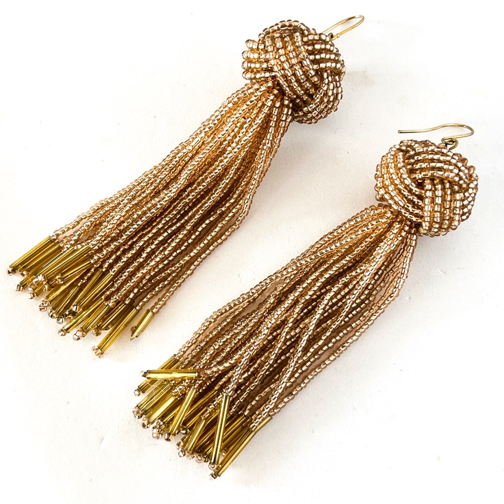 Gold beaded knit drop earrings like new condition